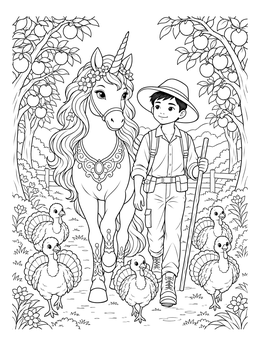 Free printable Unicorn And Turkeys In Orchard coloring page