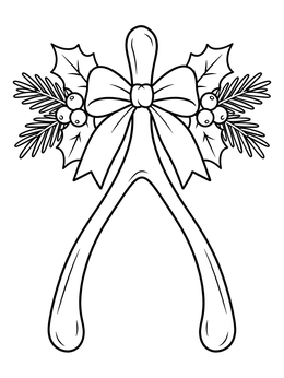 A decorative thanksgiving symbols coloring page featuring a holiday wishbone decorated with a bow and greenery.