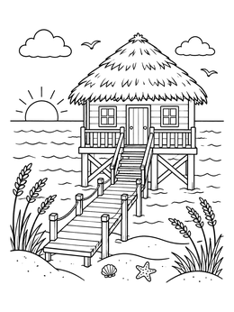 Free printable Thatched Beach Cabin On Stilts coloring page
