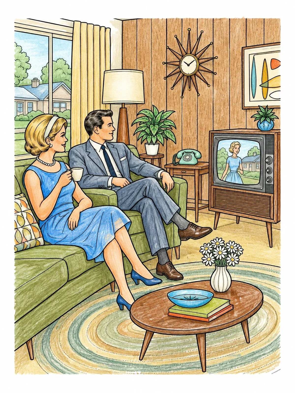 Colored example of the Cozy 1960s Suburban Living Room coloring page