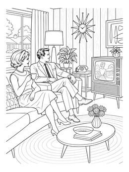 A couple relaxes by the television in this retro the 60s coloring page.