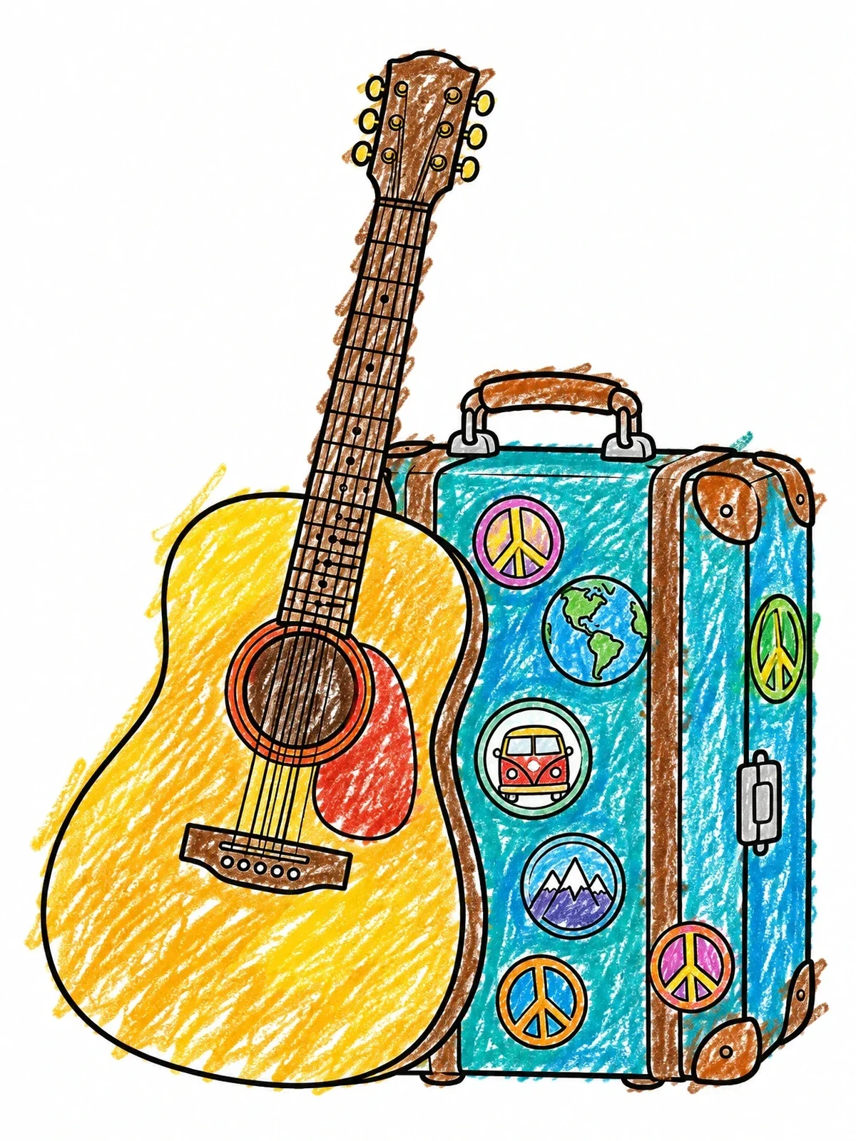 Colored example of the Acoustic Guitar And Vintage Travel Suitcase coloring page