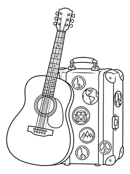 Free printable Acoustic Guitar And Vintage Travel Suitcase coloring page
