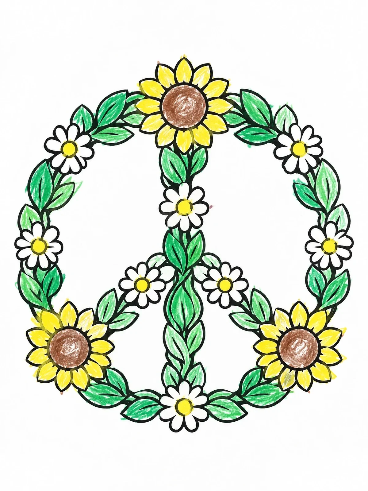 Colored example of the Floral Sixties Peace Sign Wreath coloring page