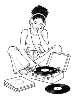 A teen girl plays music on this retro the 60s coloring page.