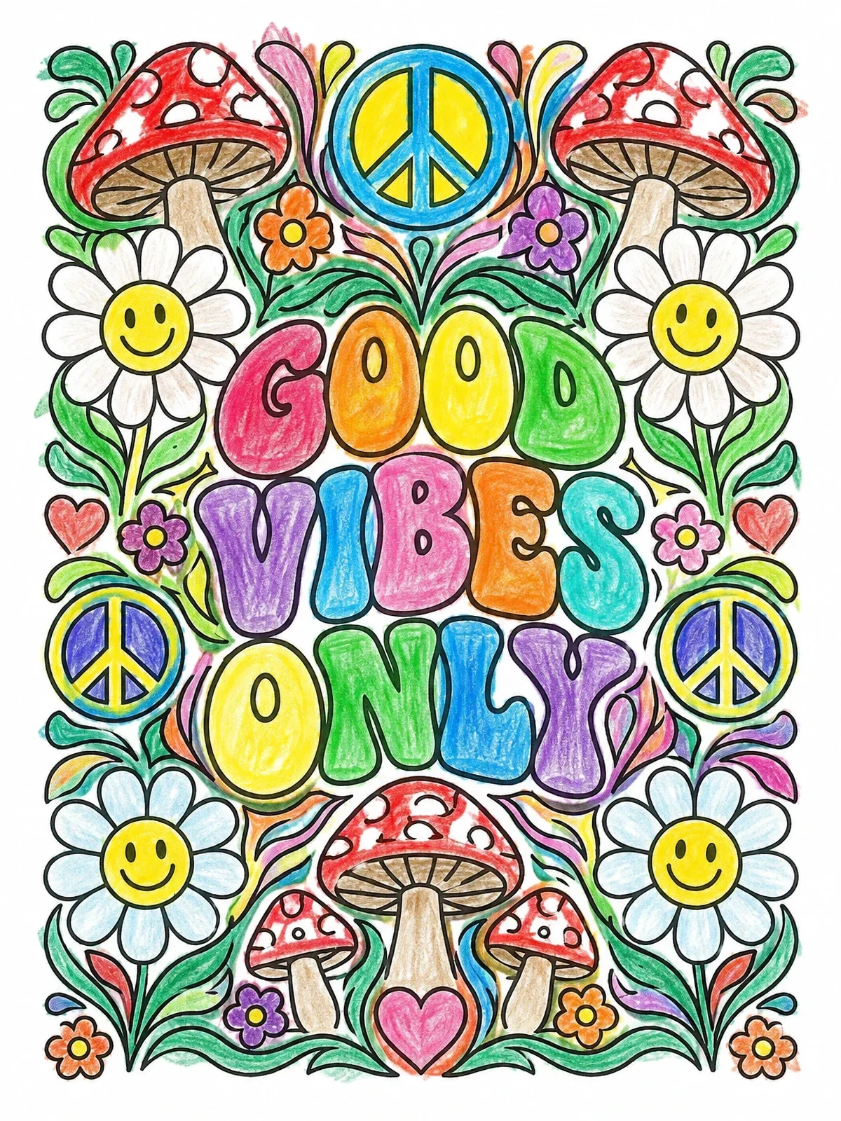 Colored example of the Groovy Good Vibes Only Poster coloring page