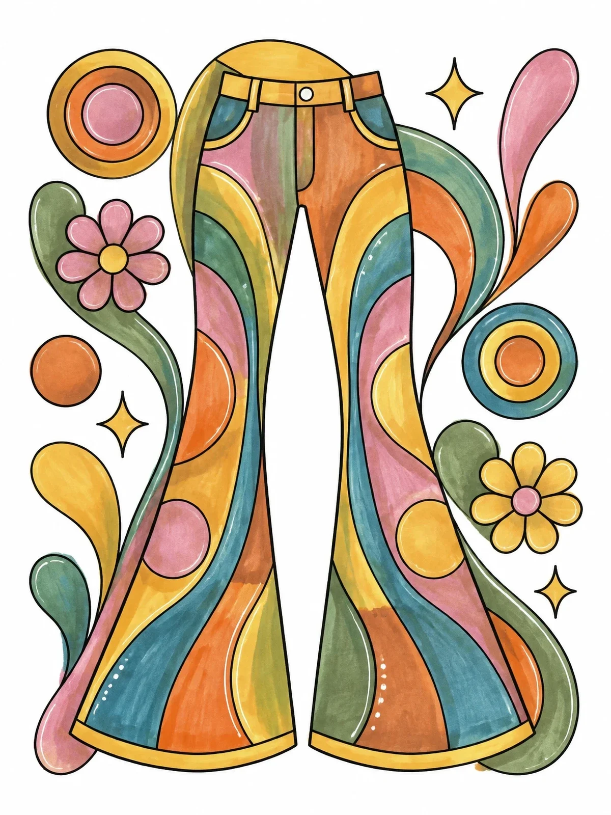 Colored example of the Groovy Sixties Bell Bottom Pants coloring page