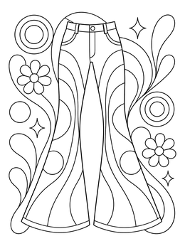 Retro flared trousers surrounded by flowers on this the 60s coloring page.