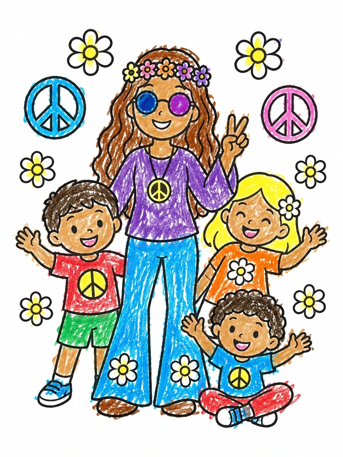 Colored example of the Hippie Mom And Cheerful Children coloring page