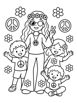 Free printable Hippie Mom And Cheerful Children coloring page