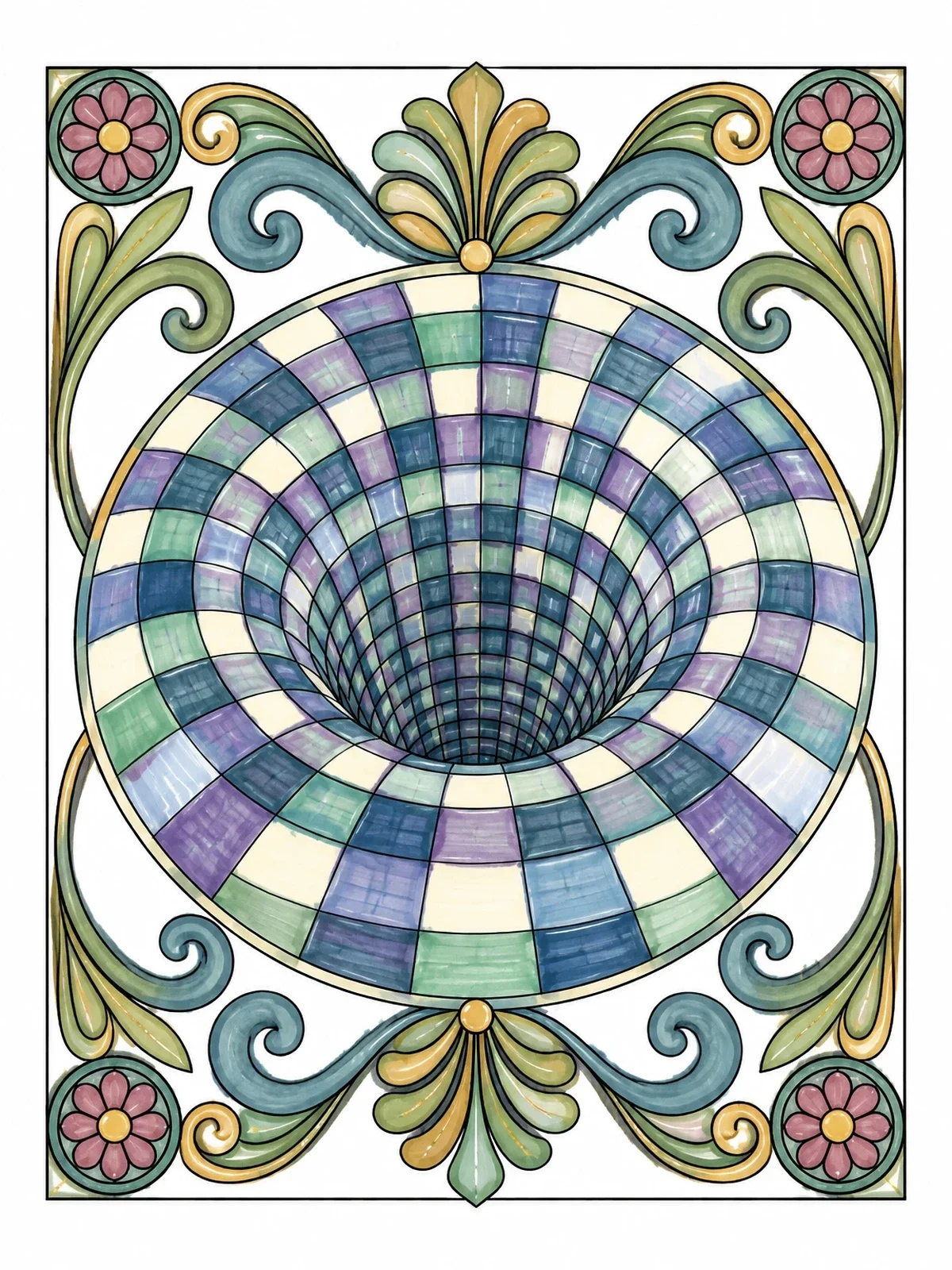 Colored example of the Op Art Optical Illusion Vortex coloring page