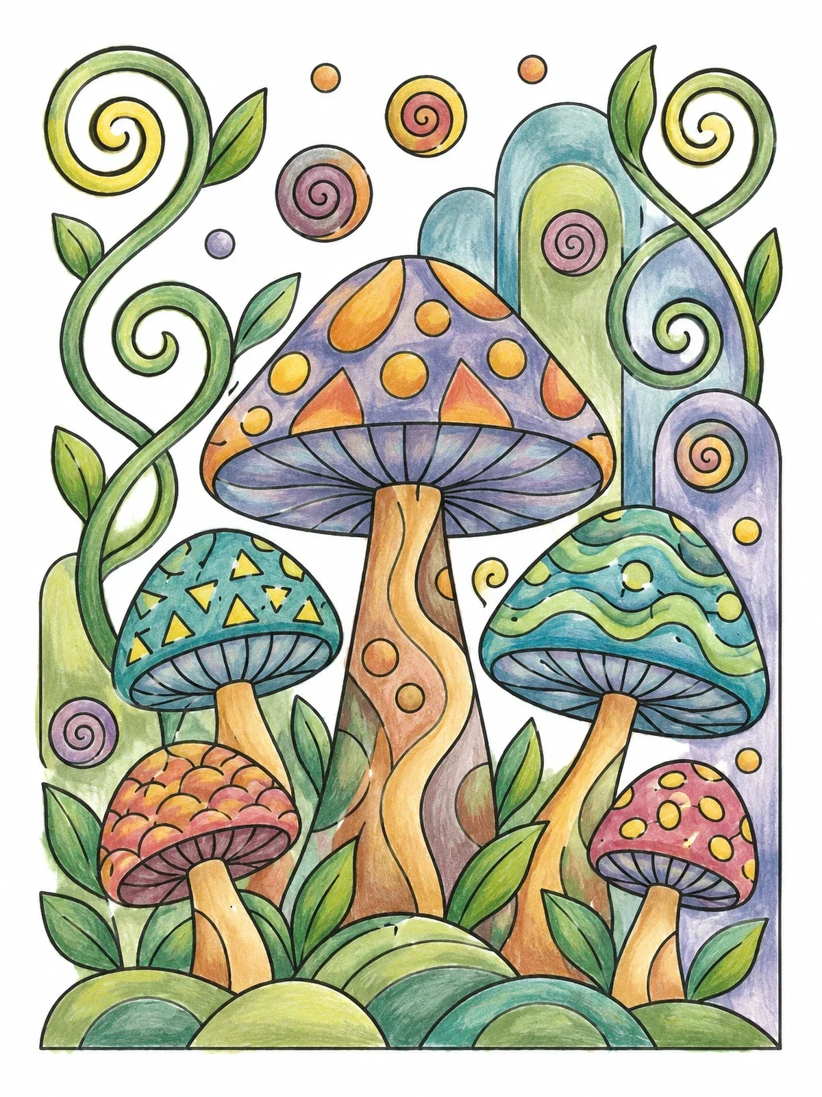 Colored example of the Psychedelic 60s Mushroom Garden coloring page