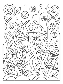 A psychedelic 60s coloring page showing patterned mushrooms, leafy vines, and floating spiral motifs.