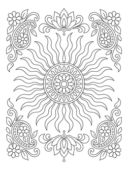 Intricate psychedelic sunburst mandala on this the 60s coloring page with paisley borders.