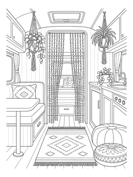 Boho camper interior with hanging macrame plants in a the 60s coloring page.