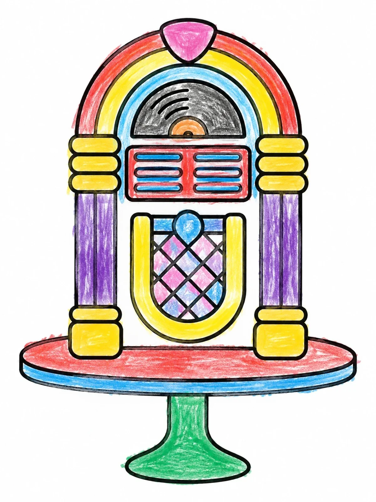 Colored example of the Retro Diner Tabletop Jukebox coloring page