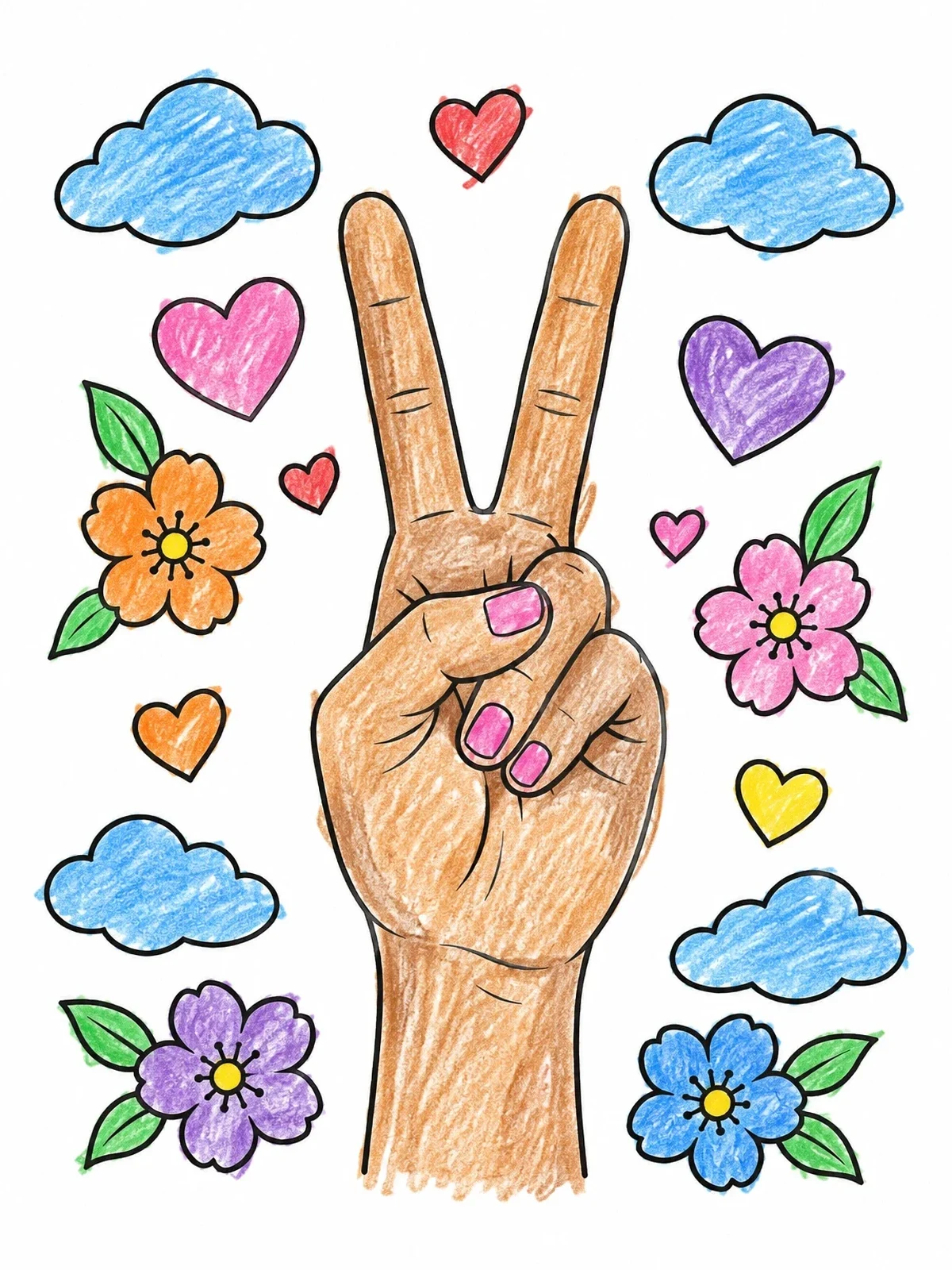 Colored example of the Retro Peace Sign With Flowers coloring page