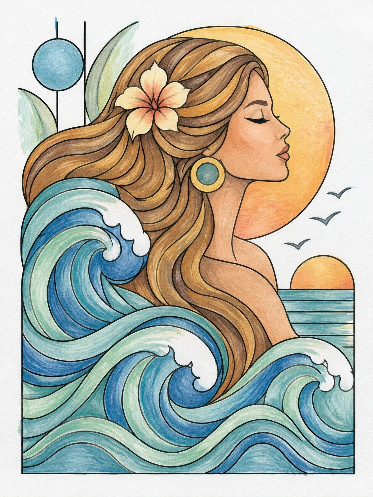Colored example of the Retro Woman With Ocean Waves coloring page