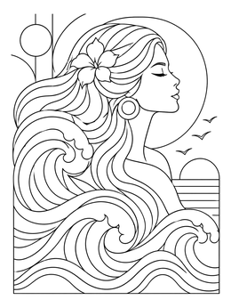 Stylized retro woman profile amidst rolling ocean waves in this the 60s coloring page.