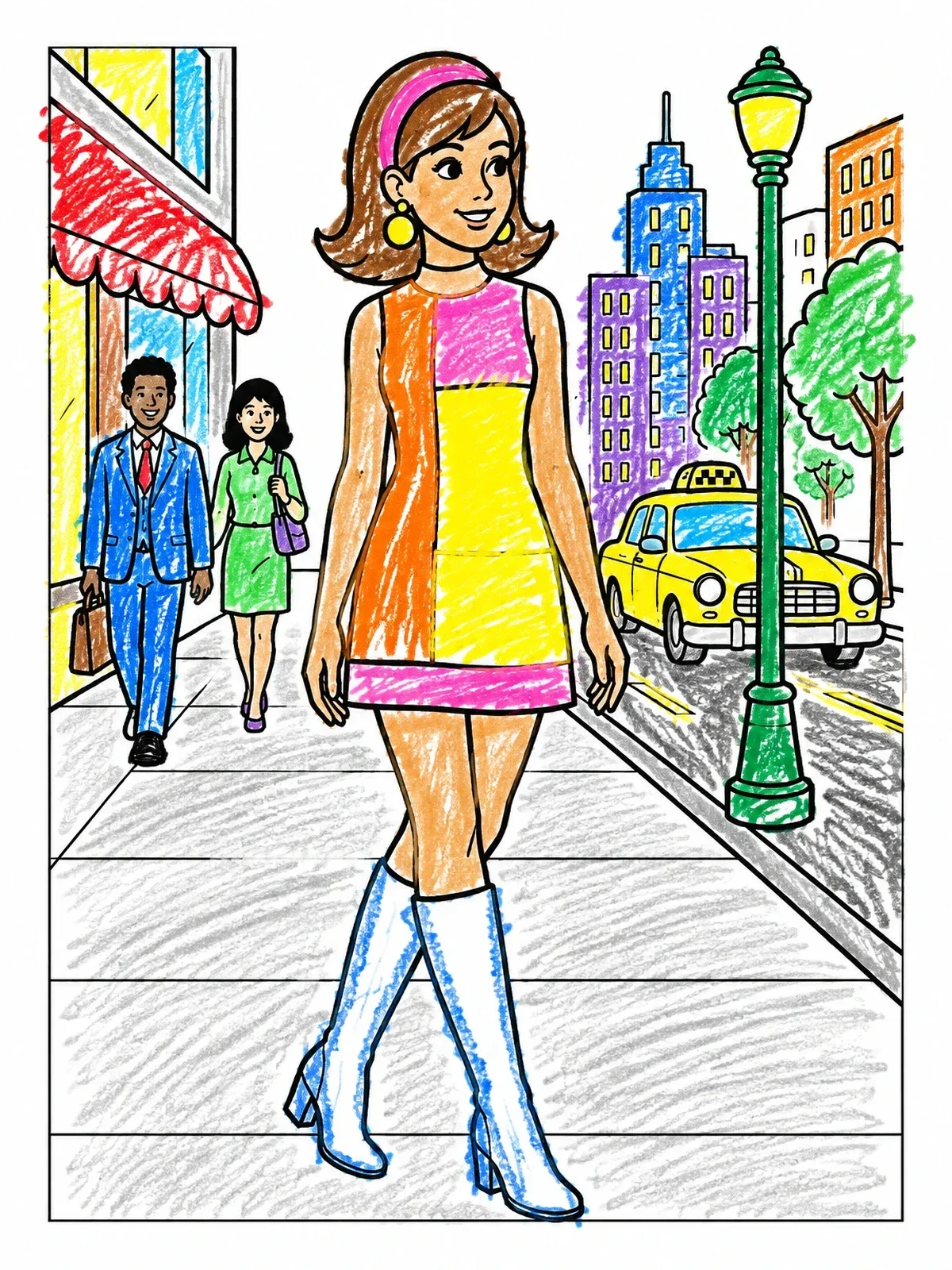 Colored example of the Sixties Mod Fashion On The City Street coloring page