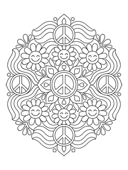 A floral the 60s coloring page showing a symmetric mandala of peace signs and smiling daisies.