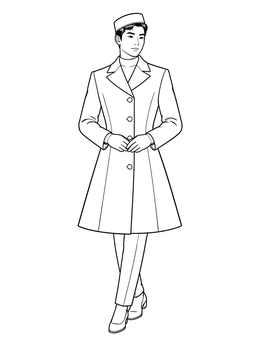 A stylish fashion model in a tailored coat and pillbox hat on this the 60s coloring page.
