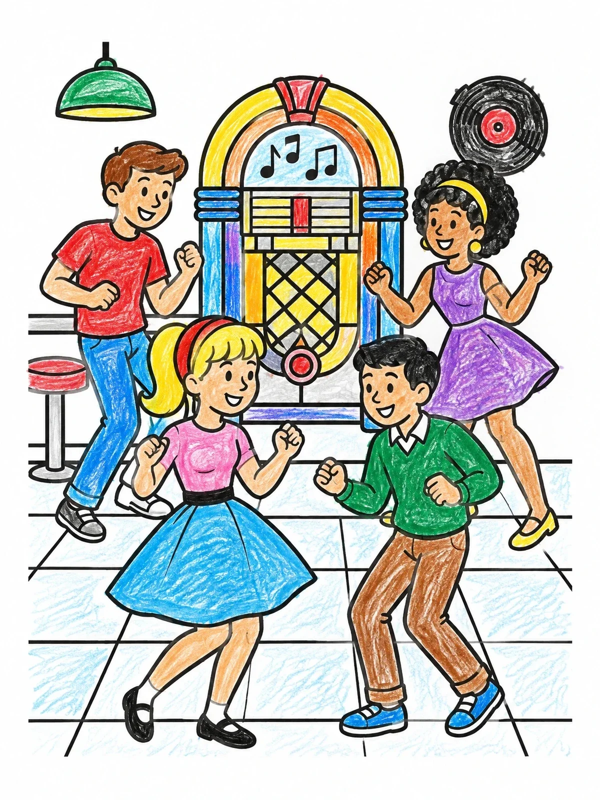 Colored example of the Teenagers Dancing By The Jukebox coloring page