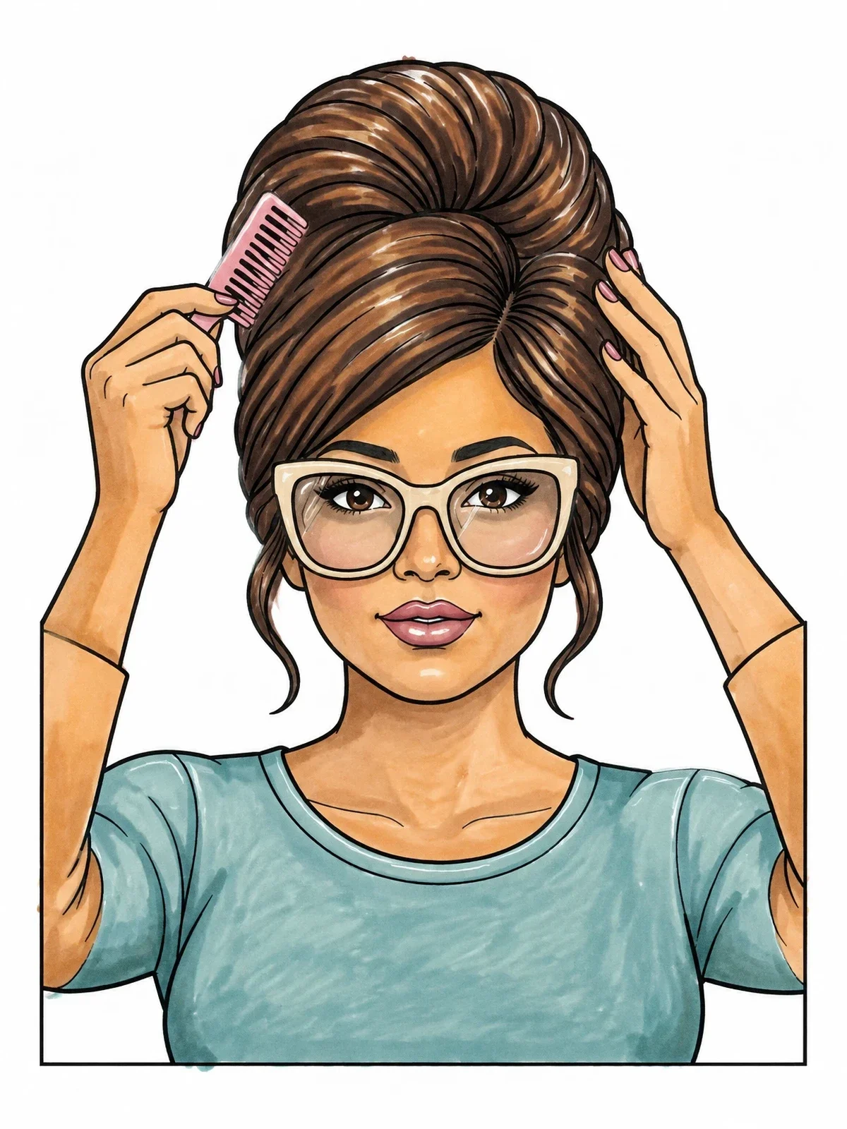 Colored example of the Vintage Beehive Hairstyle And Glasses coloring page