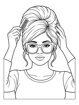 A woman styling her tall beehive hair in this retro the 60s coloring page.