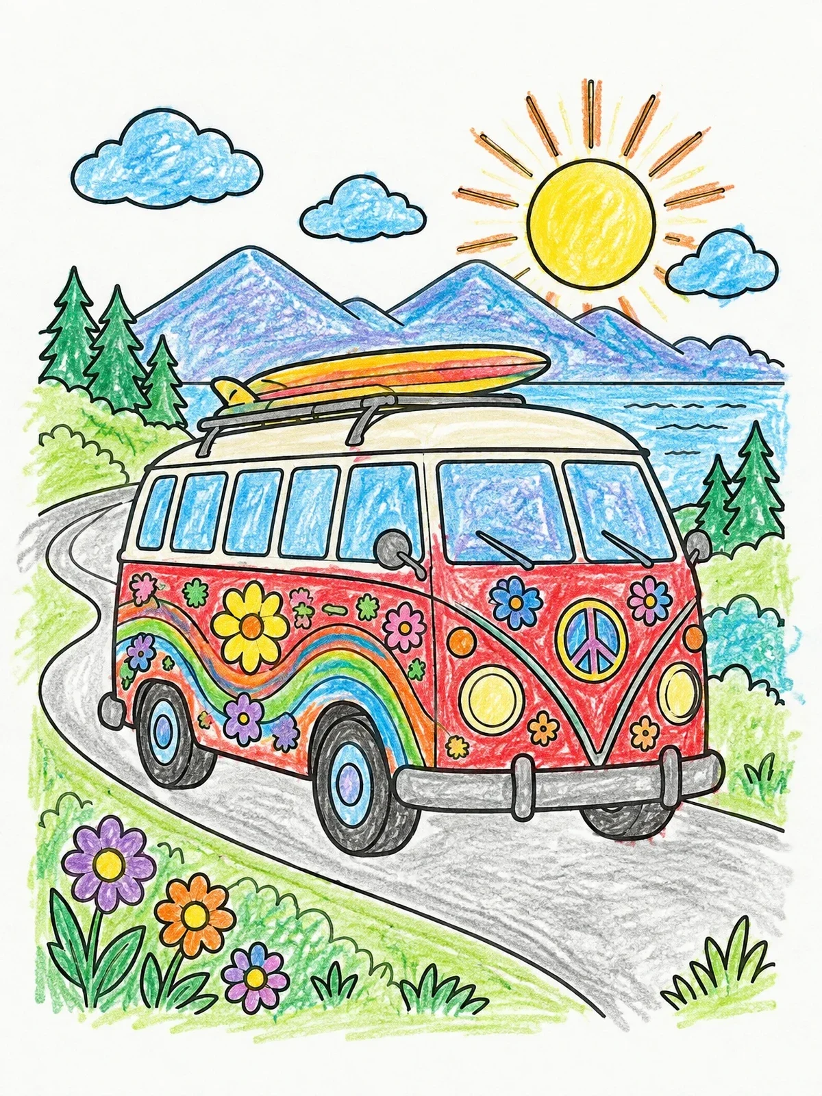 Colored example of the Vintage Floral Hippie Camper Van coloring page