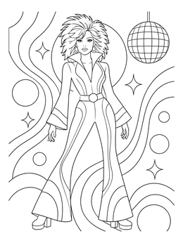 A disco dancer shines in this the 70s coloring page with a retro hairstyle and disco ball.