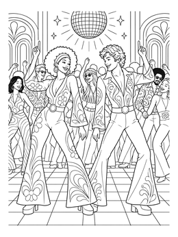 A couple dances under a disco ball in this fun the 70s coloring page.