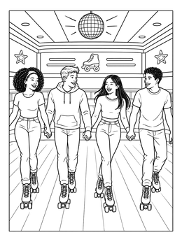 Teens hold hands at a roller rink in this the 70s coloring page with a disco ball.