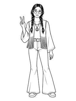 A peaceful hippie girl in bell bottoms on this the 70s coloring page.