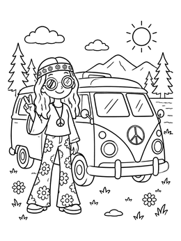 Free printable Hippie Girl With Vintage Camper Van coloring page