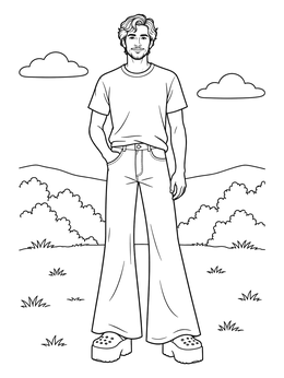 A young man wearing flared pants outdoors in the 70s coloring page.