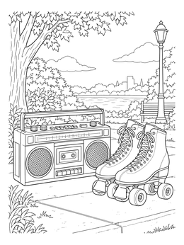 A vintage boombox and roller skates rest on a park sidewalk in this realistic the 70s coloring page.