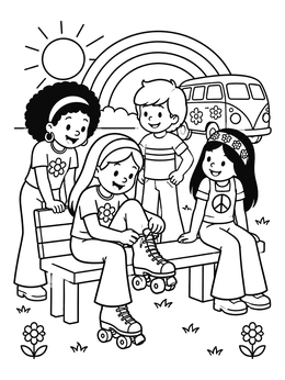 Free printable Retro Kids And Roller Skates Outdoors coloring page