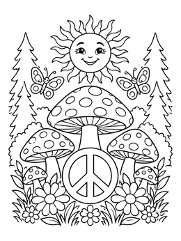 Free printable Retro Peace Sign And Mushrooms coloring page