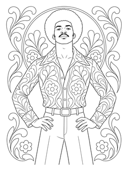A retro man with an afro in this the 70s coloring page surrounded by floral patterns.