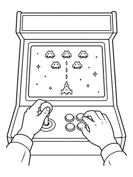 A player operating joystick and buttons on an arcade cabinet in this the 80s coloring page.