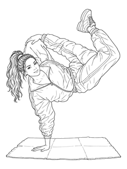 A skilled breakdancer balancing in a freeze move on the 80s coloring page.