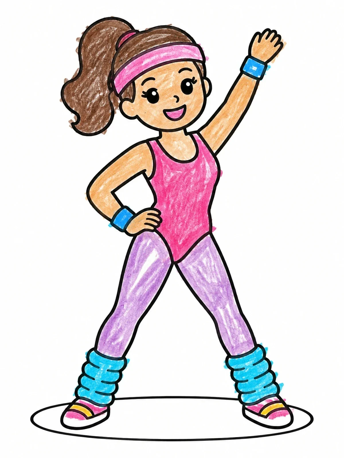 Colored example of the Cheerful Eighties Aerobics Girl coloring page