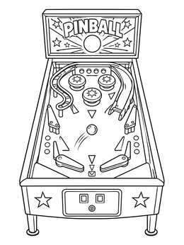 A vintage arcade game in this retro the 80s coloring page with flippers, bumpers, and steel ball.