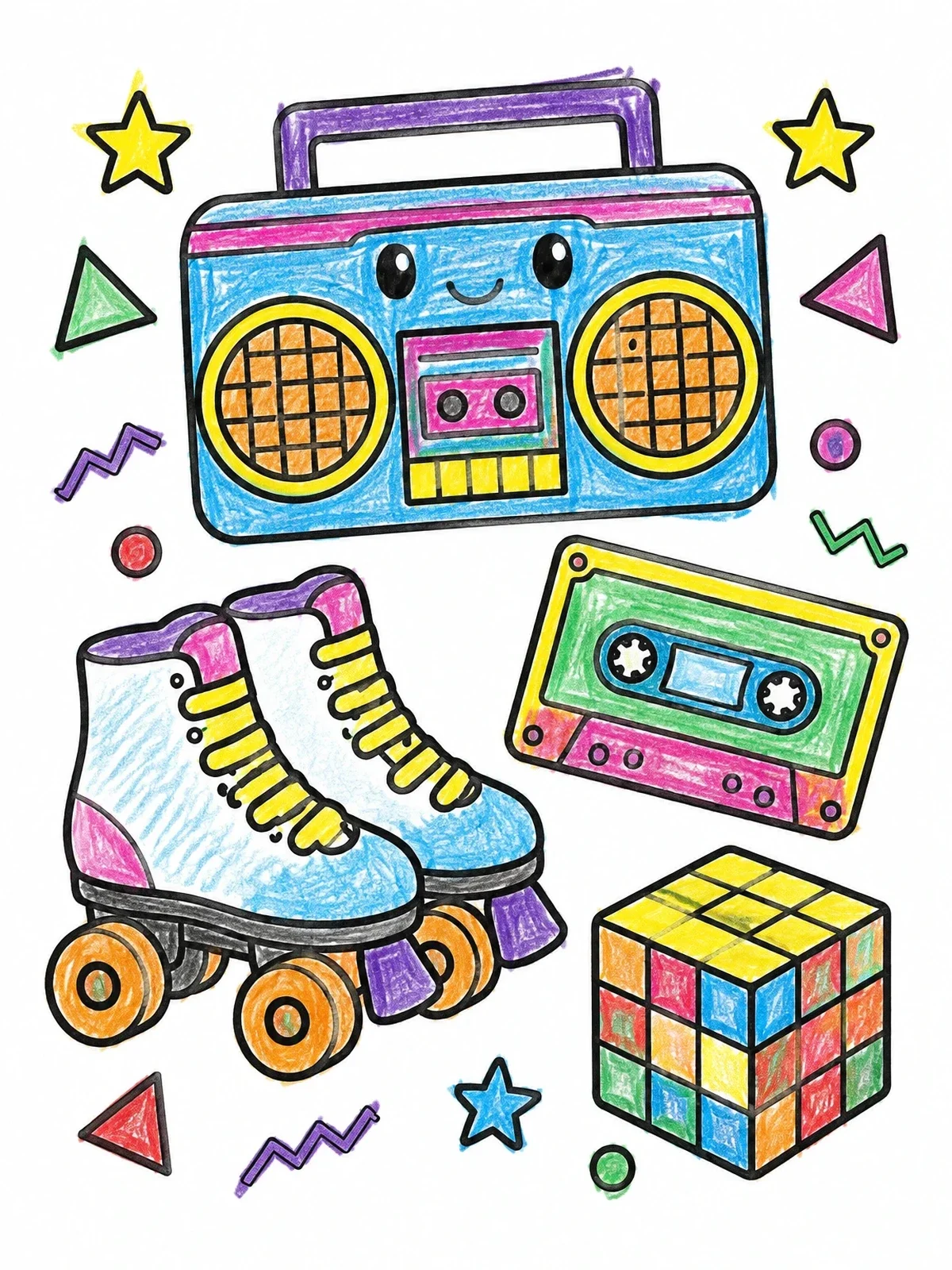 Colored example of the Cute Retro Eighties Doodles coloring page
