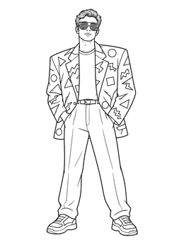 A stylish man wearing shutter shades and a retro jacket in the 80s coloring page.