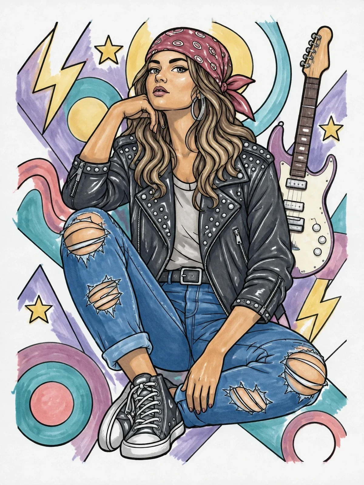 Colored example of the Eighties Rock Fan With Bandana coloring page