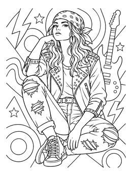 A cool rock fan in studded jacket features in the 80s coloring page with an electric guitar.