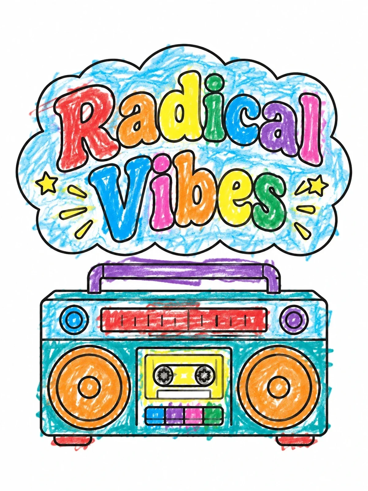 Colored example of the Radical Vibes Eighties Boombox coloring page