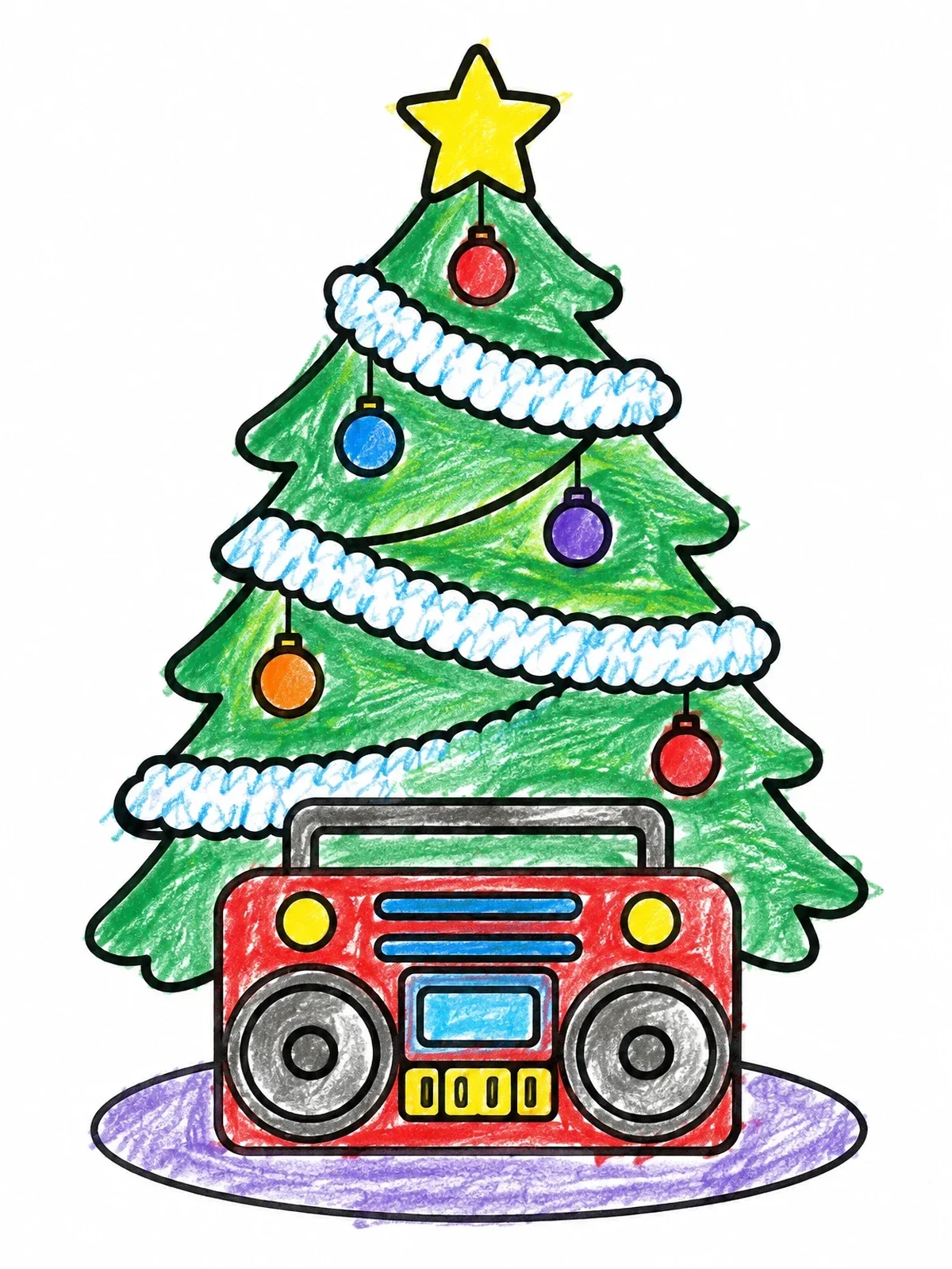 Colored example of the Retro Boombox By Christmas Tree coloring page